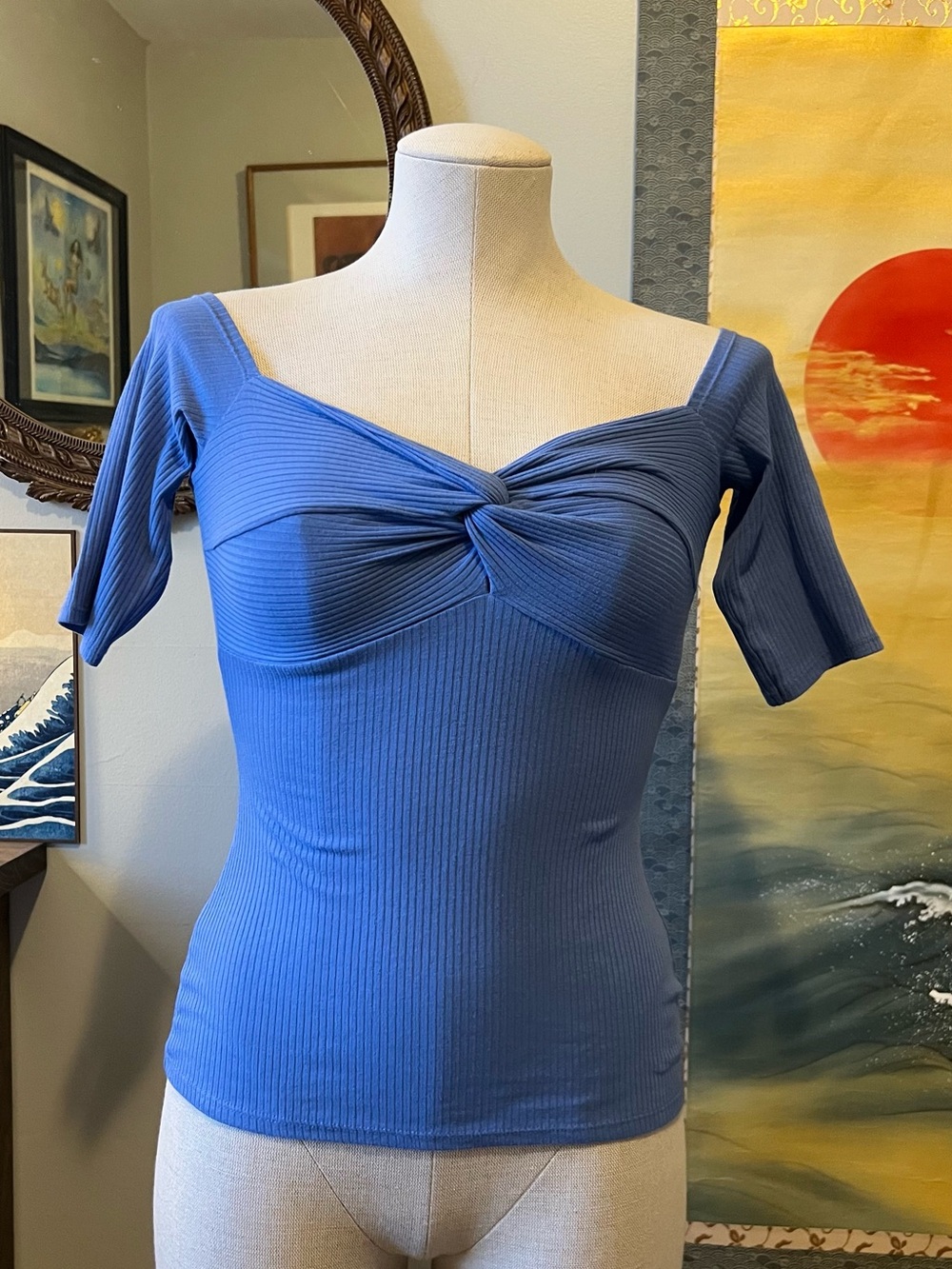 Sézane Blue Twist-Front Ribbed Top